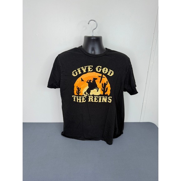 Love in Faith T Shirt Mens Large Give God The Reins Cowboy Western Black Tee - Picture 2 of 4